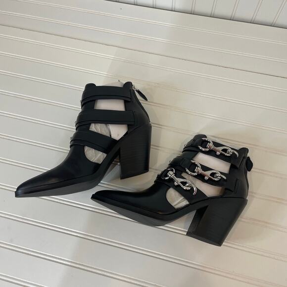 NWT Rebecca Minkoff Black Leather Seavie Cutout Dog Clip Bootie Strappy Heel 9.5 - Picture 3 of 7